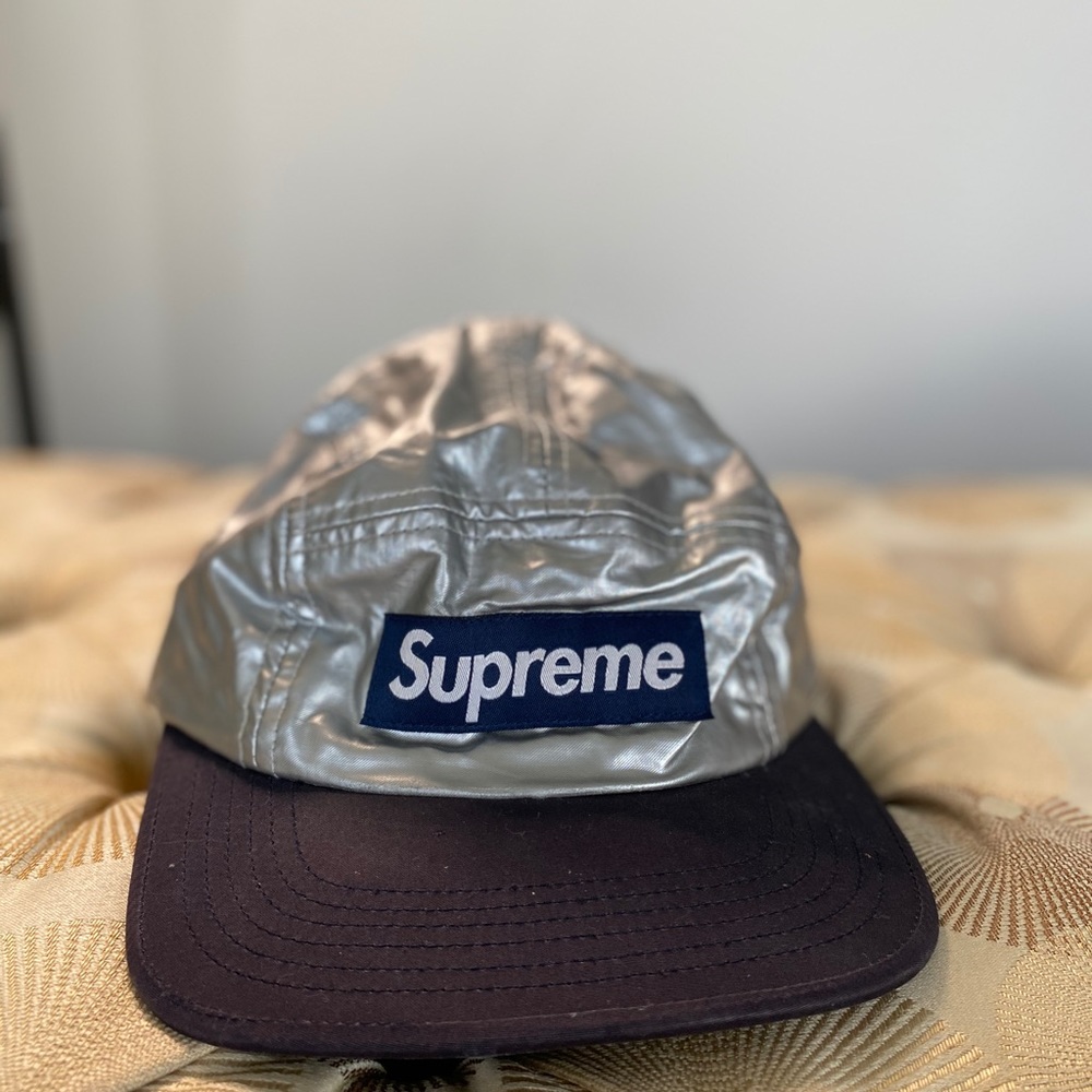 Authentic silver metallic camp hat or 5 panel